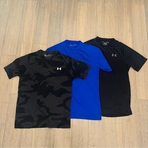 Lot of 3 Men’s Under Armour Athletic Workout Gym Shirts - Black, Blue, Camo